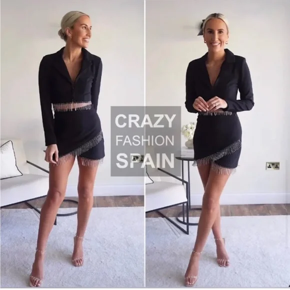 NWT Zara black mini skirt with silver rhinestone fringe detail - Picture 3 of 9